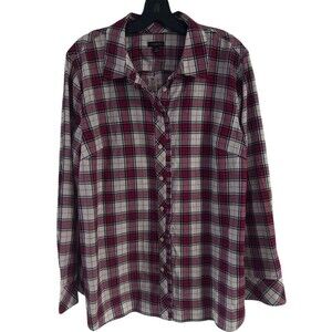 Talbots Women's XL Plaid Button Up Shirt Red White Black Silver Sparkle Holiday